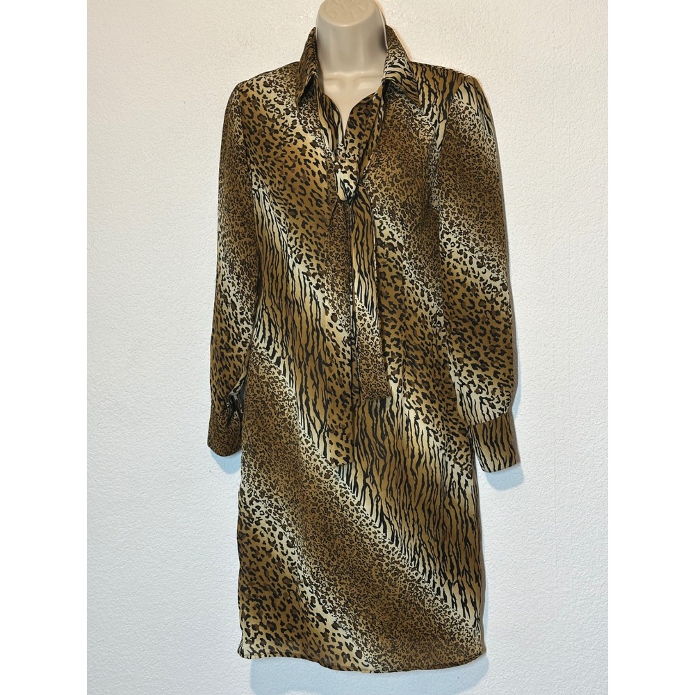 XOXO In America and Abroad Animal Print Tie Neck Shirt Dress Browns Semi Sheer
